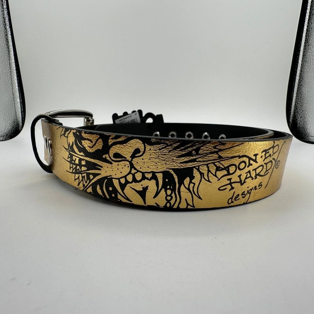 Ed Hardy Christian Audigier Belt Mens 38‎ Tiger Skull Tattoo Art Gold Color NEW